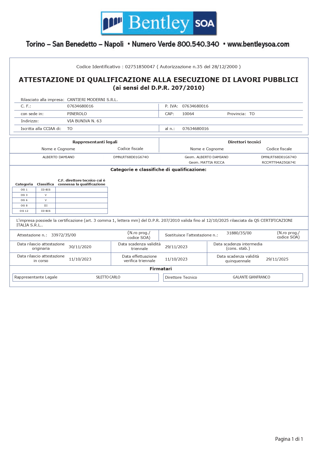 ATTESTATO SOA SCADENZA 29 11 2025