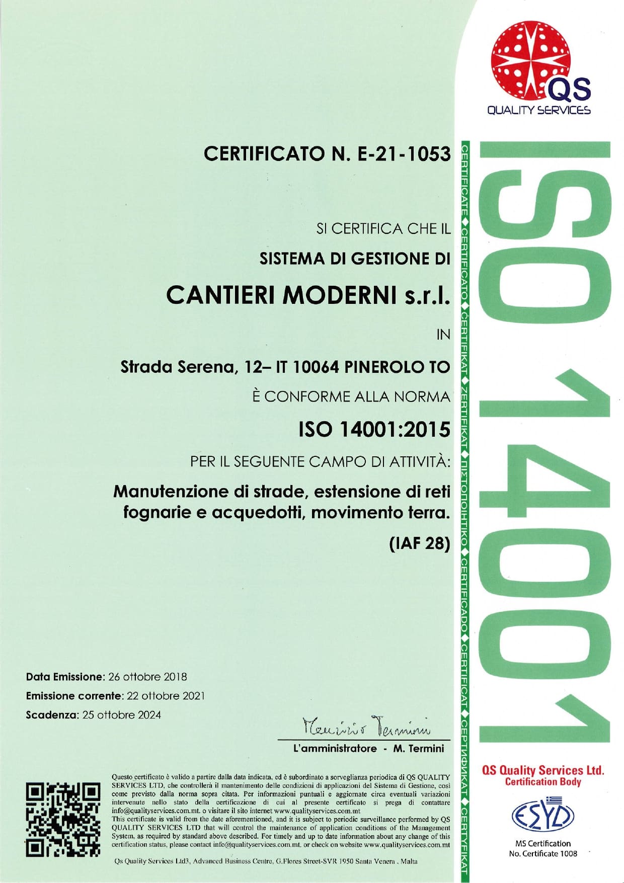 CERTIFICATO QS CANTIERI MODERNI ISO 14001 SCAD. 25 10 2024 page 0001