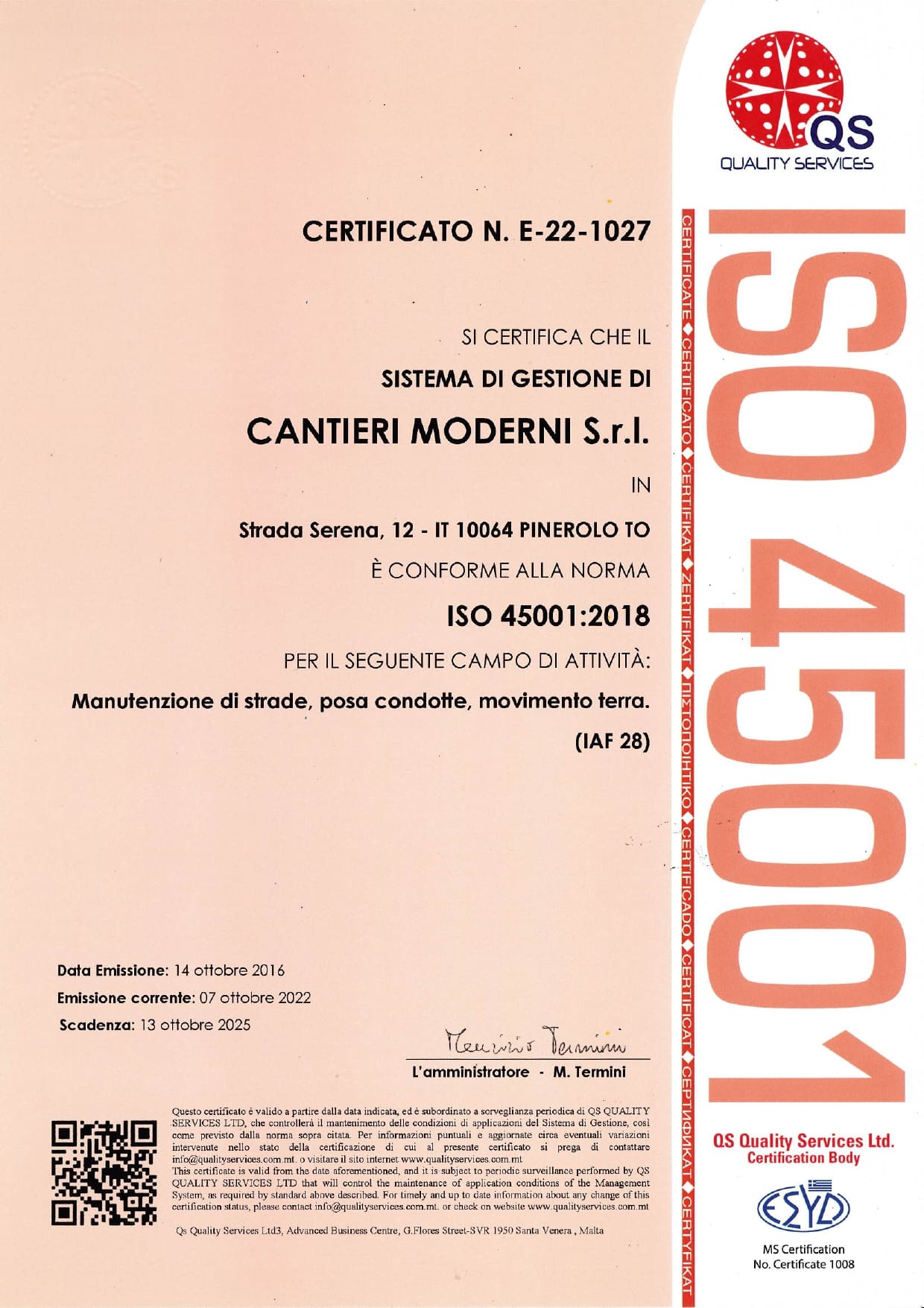 CERTIFICATO QS ISO 45001 2018 CANTIERI MODERNI SCAD. 13 10 2025 page 0001